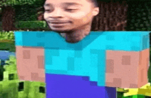 a man is dressed as a minecraft character with a blue shirt .