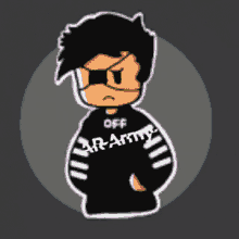 a cartoon character is wearing a black hoodie that says off army