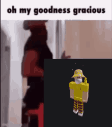 a man is standing next to a picture of a roblox character wearing a yellow shirt .