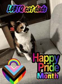a calico cat is sitting on a couch with the words happy pride month behind it
