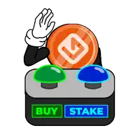 a cartoon illustration of a coin and two buttons that say buy stake