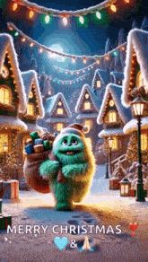a green monster is carrying a bag of presents in a christmas scene .