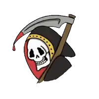 a grim reaper is holding a scythe with a blood drop on the ground
