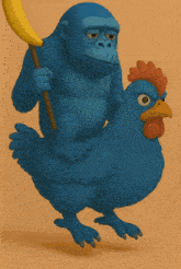 a blue gorilla is holding a banana while riding a blue chicken