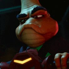 a cartoon character is holding a red object with a yellow light on it
