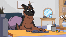 a cartoon of a dog sitting at a desk with a calculator on it