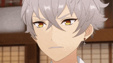 a close up of a anime character with gray hair