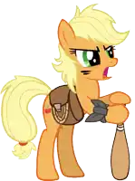 a cartoon pony with a brown bag on its back is holding a bat