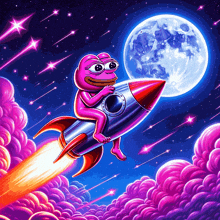 a pink frog is riding a rocket in the sky