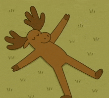 a cartoon moose laying on its back in the grass