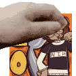a hand is holding a cartoon character with a shirt that says xti on it .