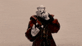 a video game character is singing into a microphone with his arms outstretched