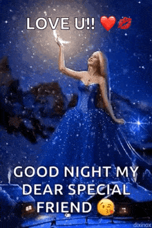 a woman in a blue dress is holding a crescent moon and wishing a good night to her dear special friend .