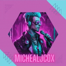a man wearing headphones and sunglasses singing into a microphone with the name micheal jcox on the bottom