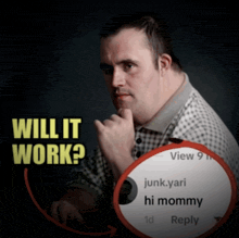 a man with down syndrome is holding a circle with a reply from junk.yari