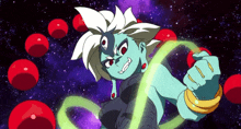a cartoon character with a green ring around her wrist is surrounded by red balls