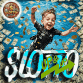 a boy in a wet suit is surrounded by money and coins and the word lotto is on the bottom