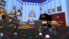 a cartoon character with the letter b on his hat is standing in a room