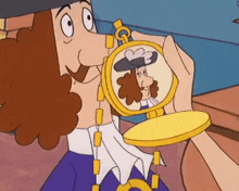 a cartoon character holding a pocket watch with a picture of a man in a hat on it