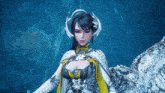 a woman in a video game is wearing headphones and a cape