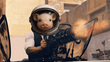 a pig wearing a helmet is holding a gun