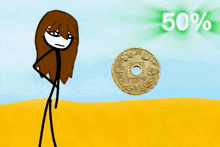 a cartoon drawing of a woman standing next to a coin that says 50 % on it