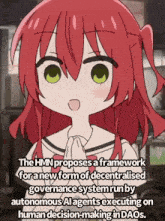 a cartoon of a girl with red hair and green eyes says the hmn proposes a framework