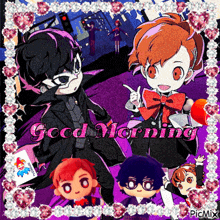 a picture of a group of anime characters with the words good morning