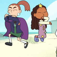 a cartoon girl with a star on her head is standing next to a girl in a purple cape