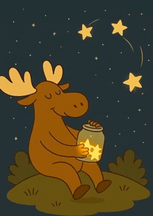 a cartoon moose is holding a jar of stars