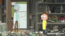 rick and morty are standing in front of a shelf with a sign that says time travel stuff