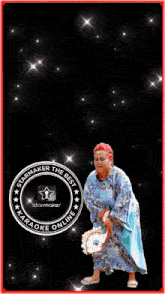 a woman in a blue dress stands in front of a sign that says ' karaoke online '