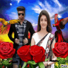 a woman holding a bouquet of red roses is surrounded by a man and birds
