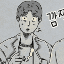 a black and white drawing of a man smoking a cigarette with a red apple behind him