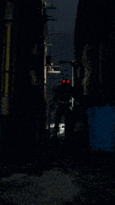 a robot with red eyes is standing in the dark