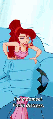a cartoon of a woman with red hair saying i 'm a damsel i 'm in distress