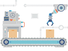 an illustration of a conveyor belt with boxes on it and a machine with the letter nn on it