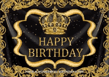 a black and gold birthday card with a gold crown