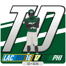 a football player with the number 70 on a green and white background