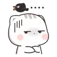 a cartoon cat has a bird on its head and looks sad