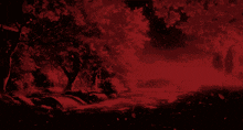a red background with a few trees and a bridge in the background