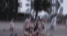 a blurry picture of a group of people sitting under trees