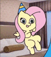 a cartoon of a pony wearing a party hat is standing in a room .