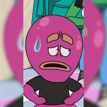 a cartoon character with a sad face and a black shirt