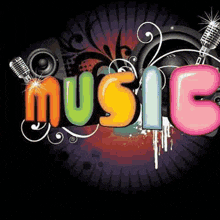 the word music is written in colorful letters on a black background .