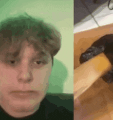 a close up of a man 's face next to a close up of a piece of food