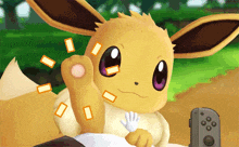 a cartoon eevee is giving a high five while holding a nintendo switch