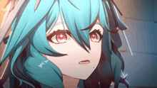a close up of a cartoon character with blue hair and red eyes