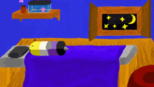 a drawing of a bedroom with a purple bed and a fish tank