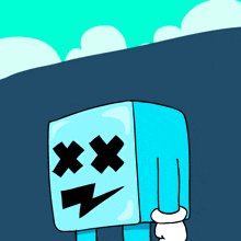 a cartoon drawing of a blue box with a lightning bolt on it 's face